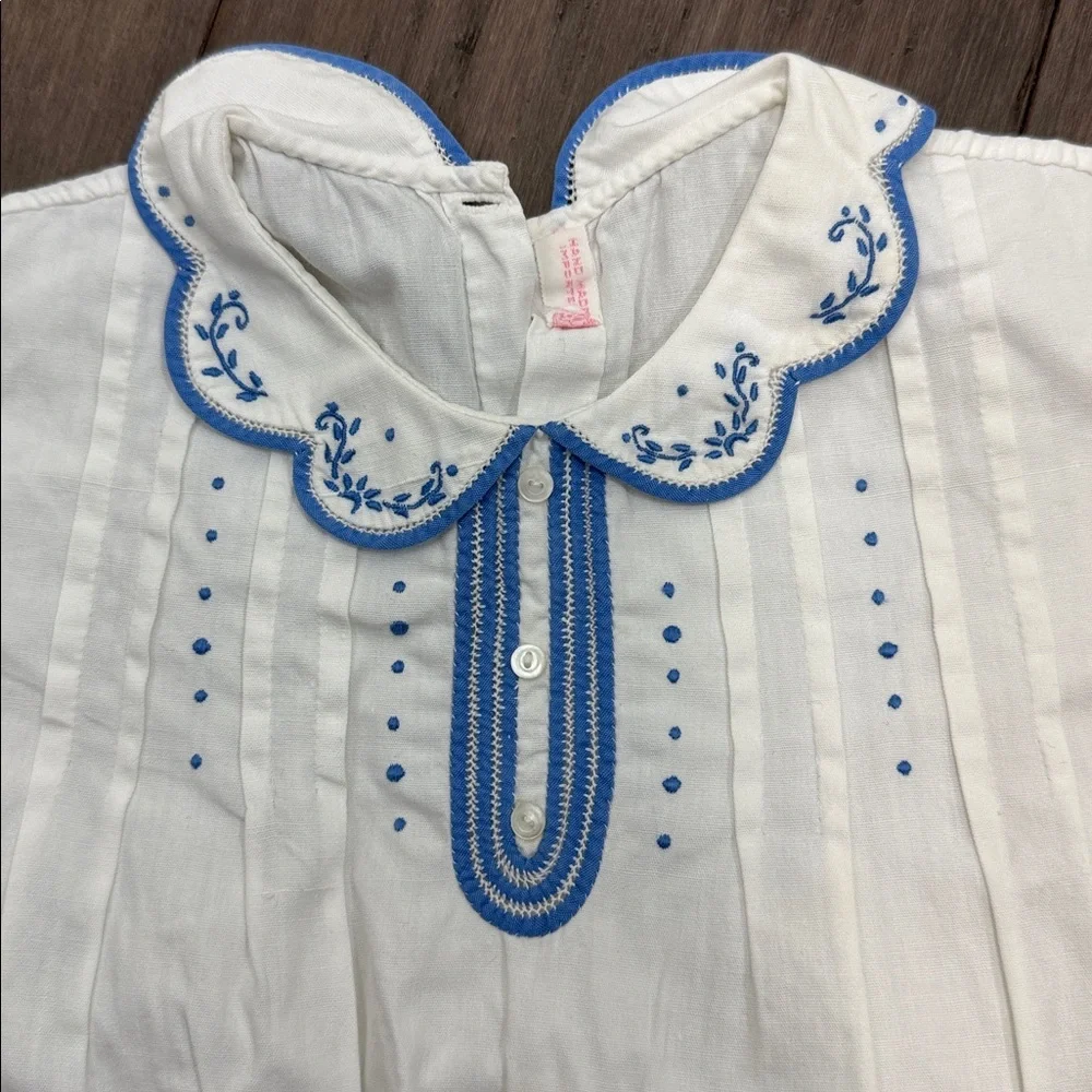Vintage handmade White‎ Baby Romper with Blue Embroidery